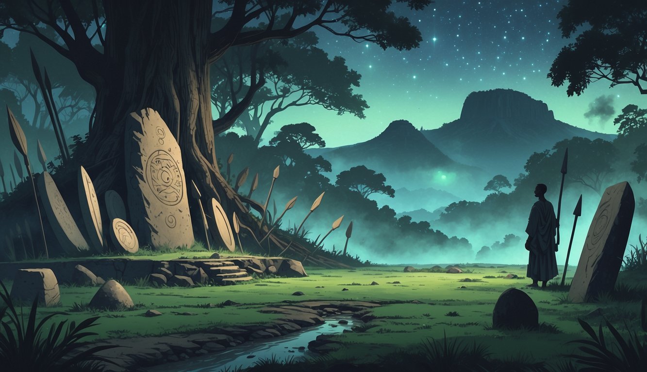 A misty forest scene in Rwanda with ancient artifacts, stone monoliths, a person in traditional clothing, and mountains in the background, suggesting historical mysteries.