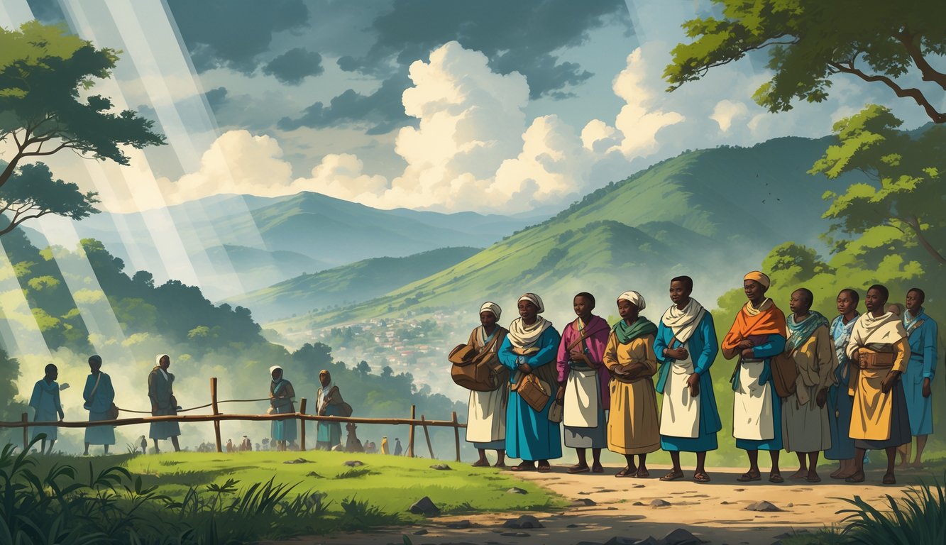 A group of Tutsi refugees at a border crossing in a green, hilly landscape with mountains in the distance, some carrying belongings and looking hopeful yet uncertain.