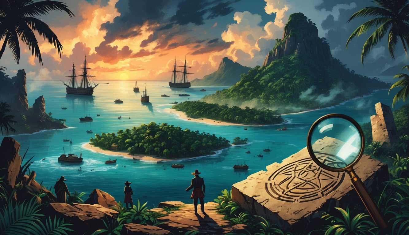 A map of Saint Kitts and Nevis surrounded by pirate ships, jungle explorers, ancient ruins, and mysterious artifacts under a dramatic sky.