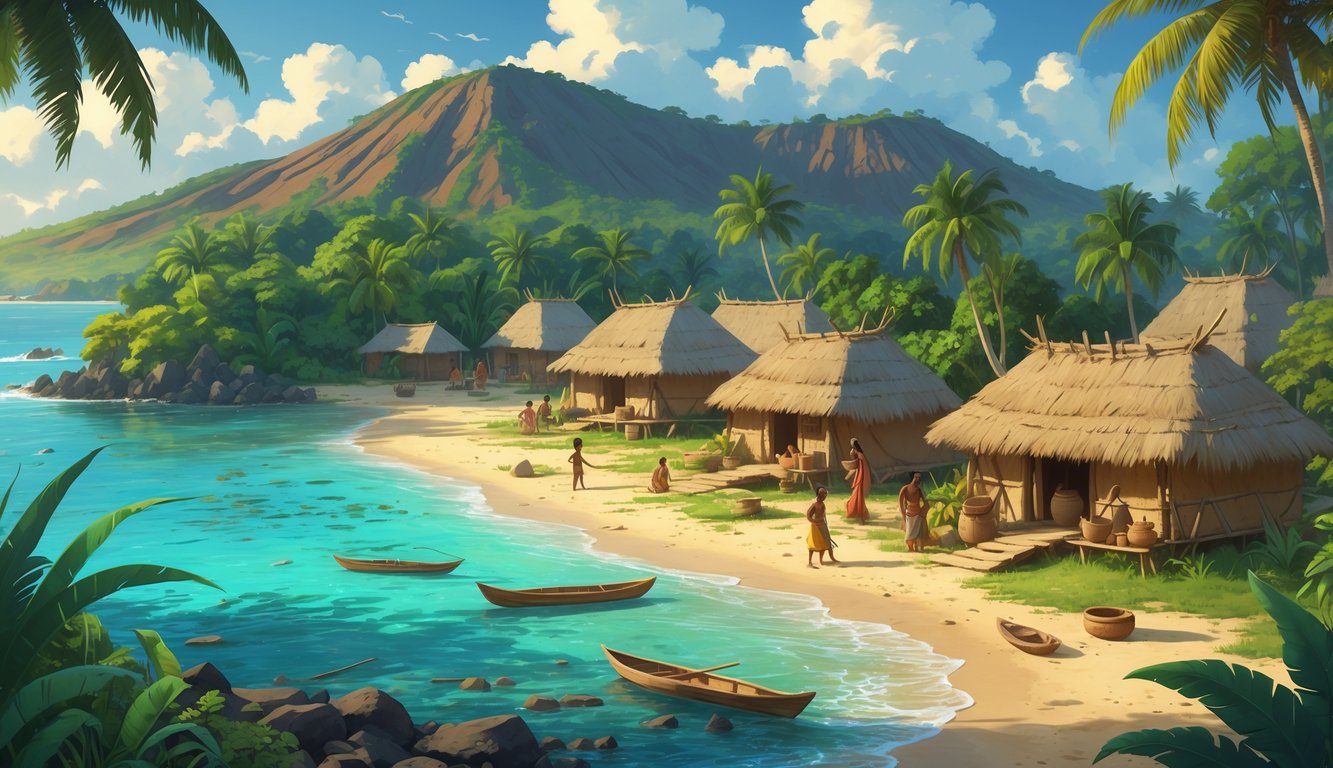 An ancient indigenous village in Saint Kitts and Nevis with thatched huts, people fishing and crafting, surrounded by tropical trees and volcanic hills near a turquoise coastline.