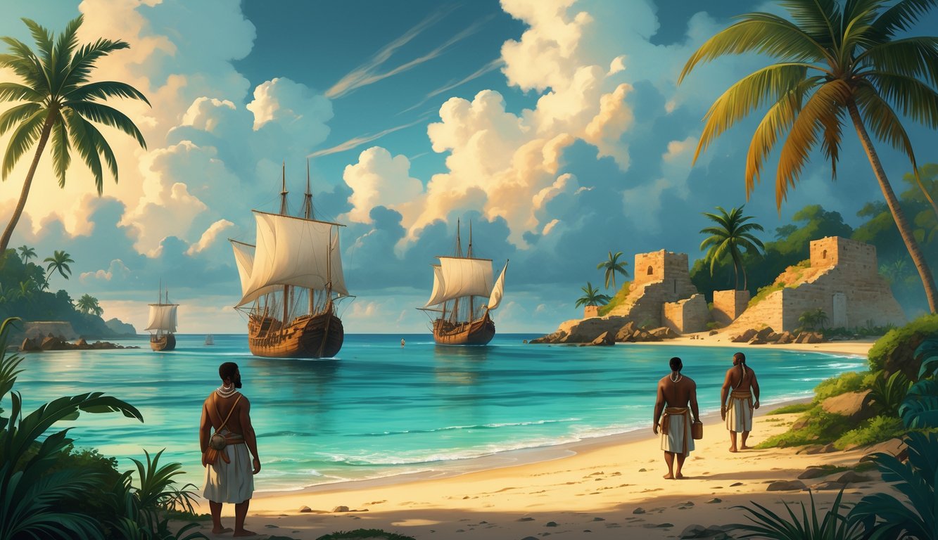 A coastal scene showing indigenous people and early European settlers near ships on a tropical beach with ruins and lush vegetation.