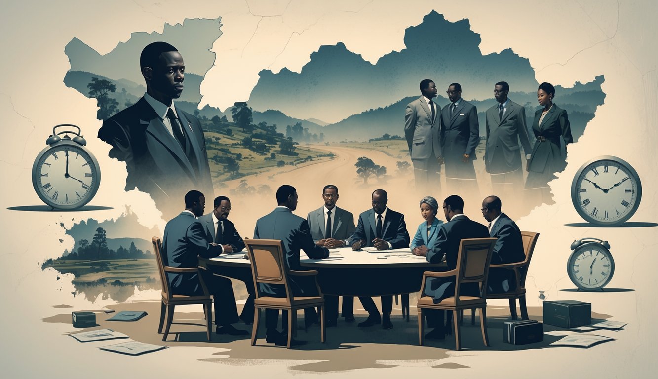 A scene showing international diplomats around a table with a faint map of Rwanda in the background, alongside ghostly images of Rwandan people and symbols of missed opportunities.