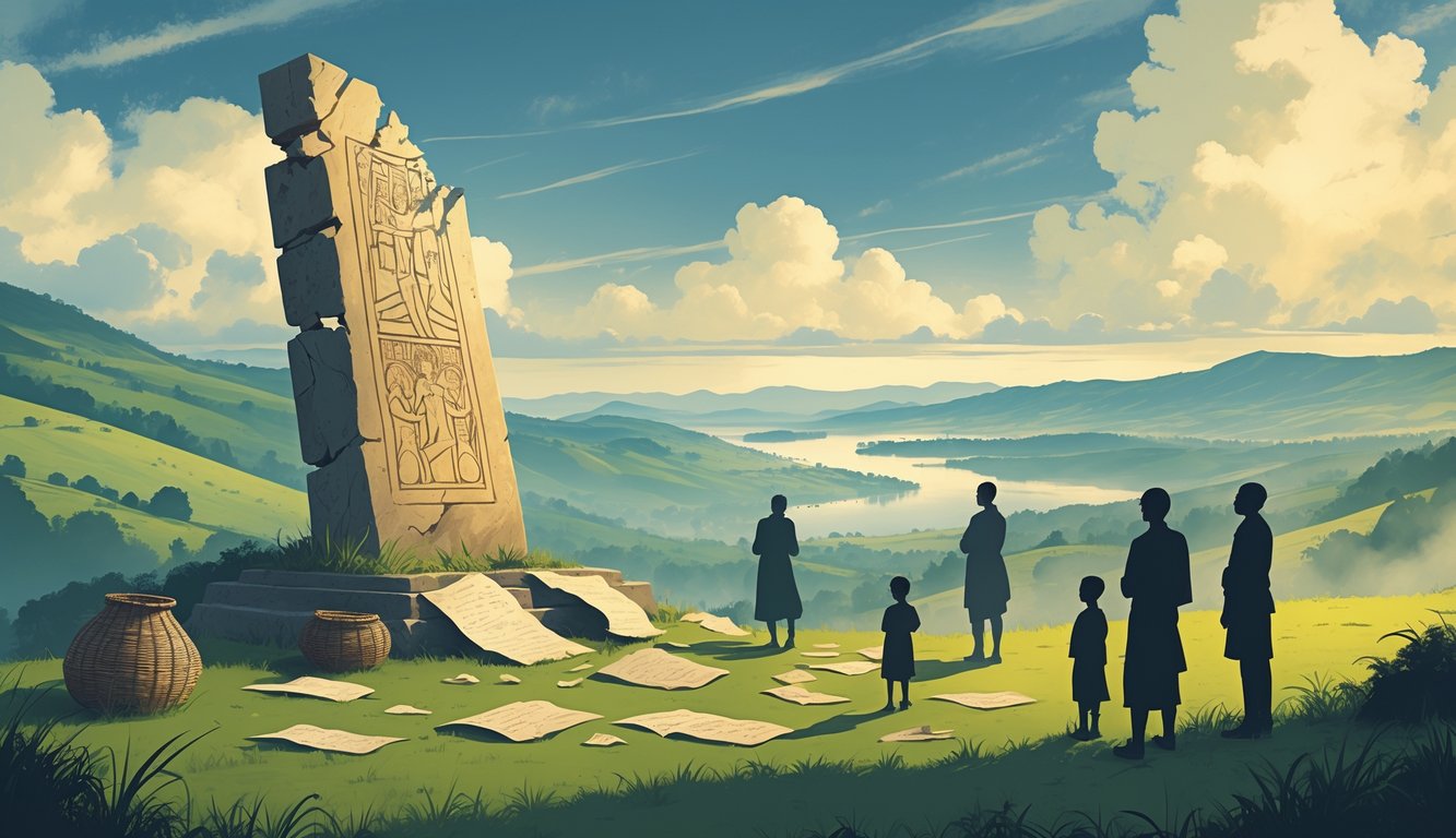 A landscape of Rwanda with green hills and a lake, featuring a large broken stone tablet surrounded by scattered artifacts and documents, with people of different ages reflecting near it under a partly cloudy sky.