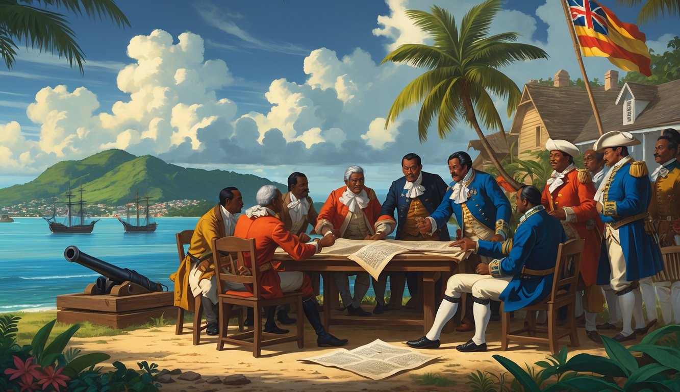 A group of historical figures from different cultures negotiating over maps and documents on a tropical island coast with ships and flags nearby.