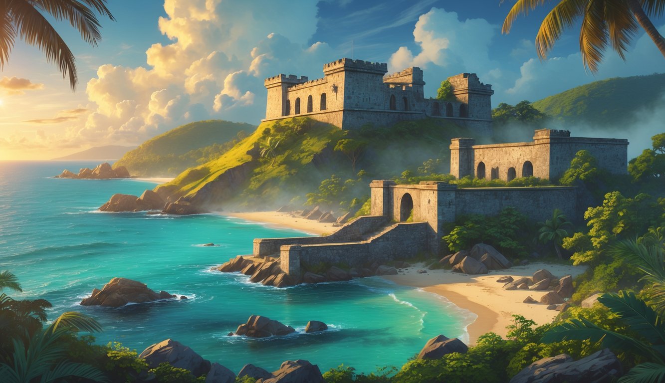 A panoramic view of historic landmarks in Saint Kitts and Nevis, including a stone fortress, ancient ruins covered with tropical plants, and rock carvings near the sea under soft sunlight.