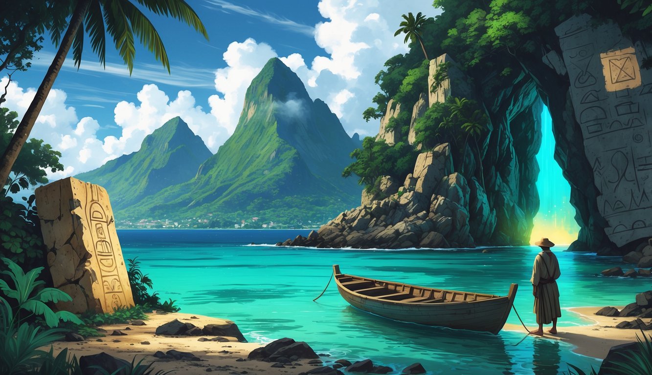 A tropical landscape in Saint Lucia with the Pitons in the background, an ancient stone artifact among jungle plants, a person in traditional clothing near a wooden boat, and a mysterious cave entrance glowing softly.