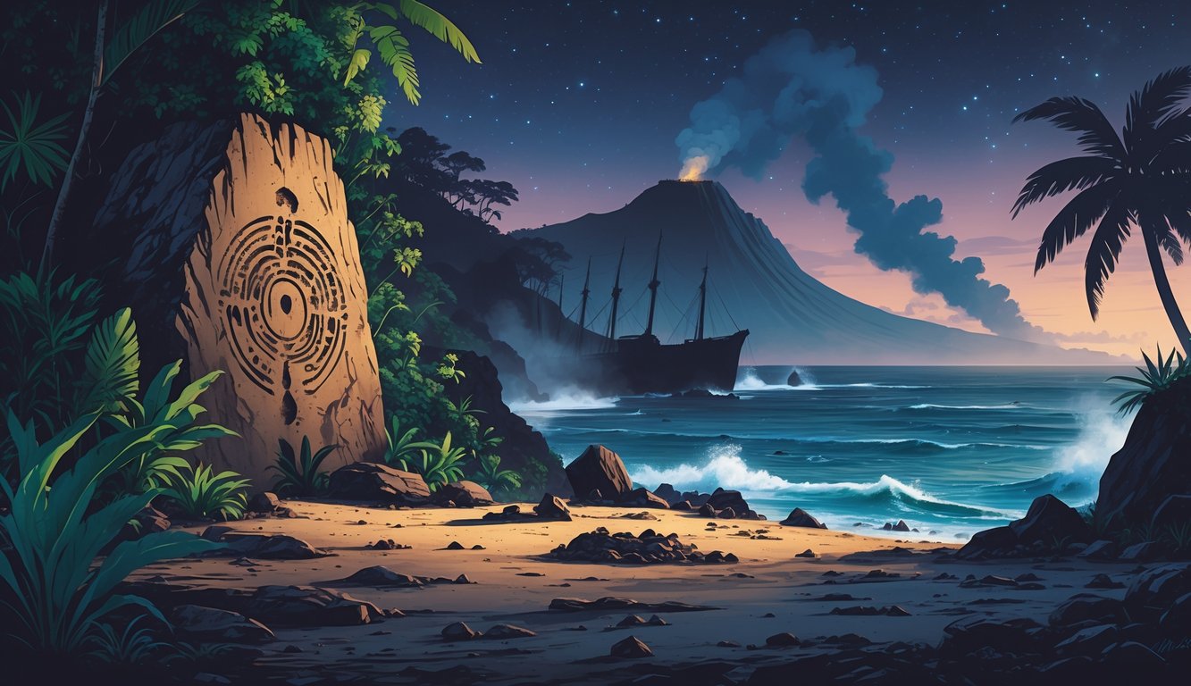 A tropical island scene showing ancient rock carvings, a partially sunken shipwreck on a rocky shore, an active volcano in the background, and scattered archaeological artifacts in a lush rainforest.