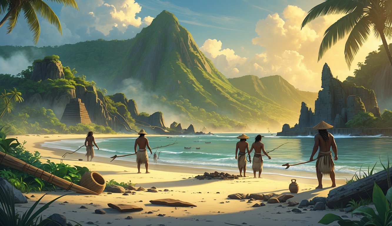 An ancient tropical island scene with early inhabitants near ruins and artifacts surrounded by lush greenery and mountains.