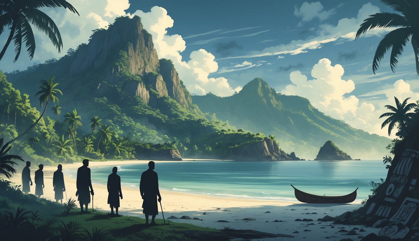 A tropical island landscape with mountains, forests, and beaches showing faint ghostly figures of Indigenous people and ancient artifacts near the shore.