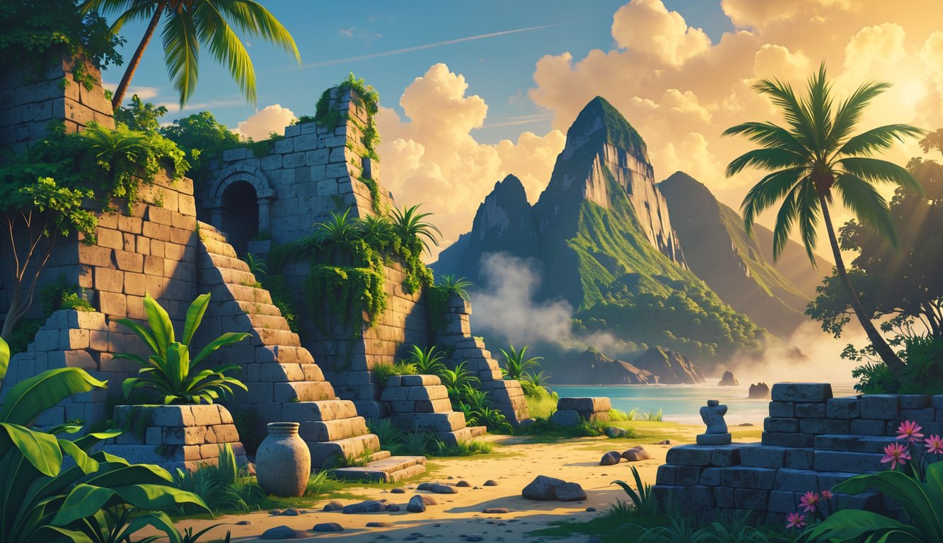 Ancient stone ruins overgrown with tropical plants near the Pitons in Saint Lucia at sunset, surrounded by artifacts and mist.