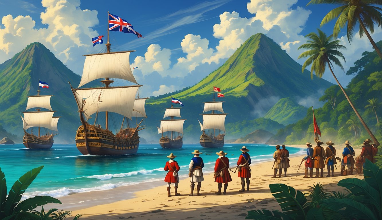 A tropical island with European sailing ships near the shore, explorers and soldiers planning on the beach, and indigenous people watching from the forest.