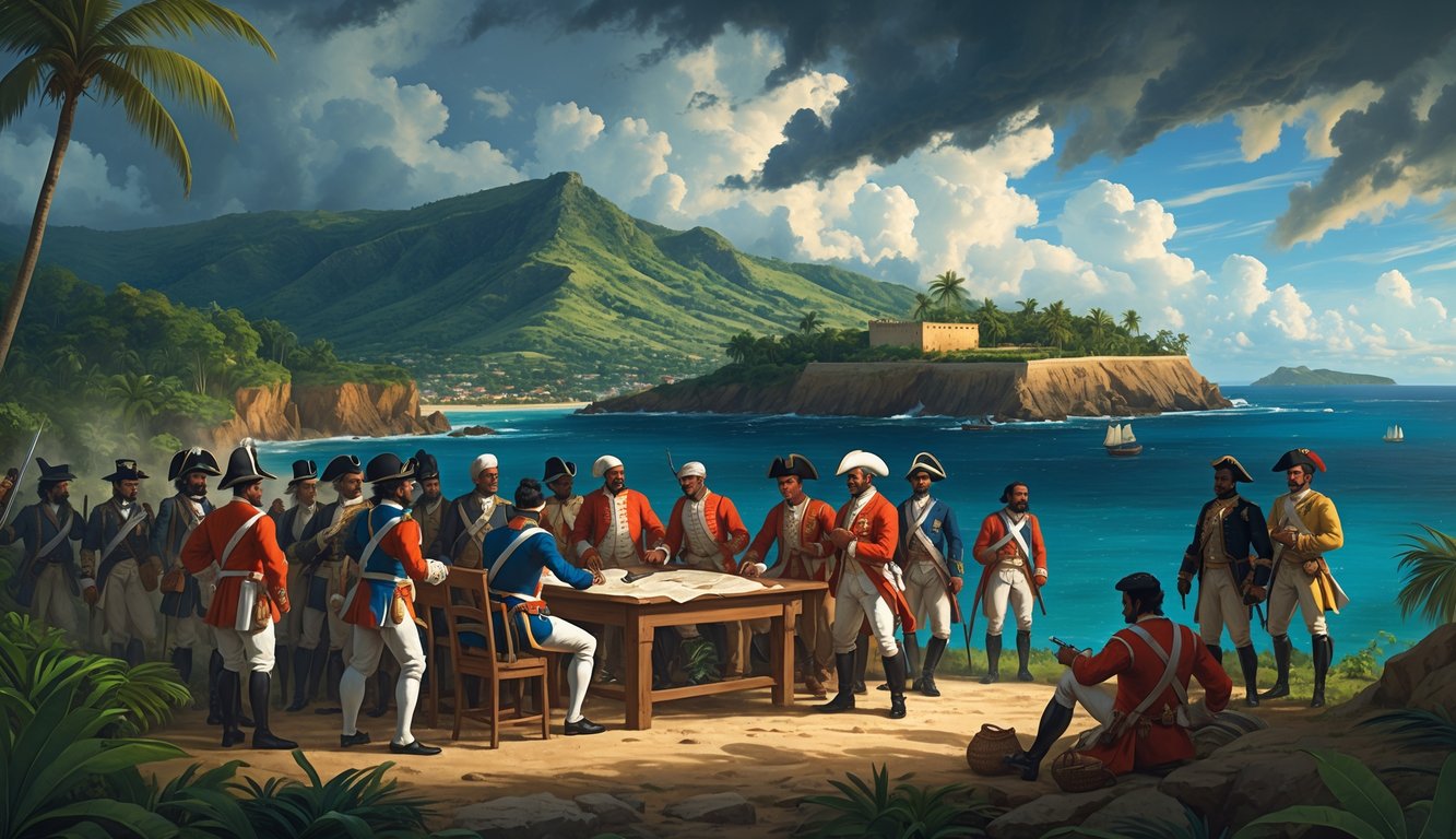 A coastal scene in 18th century Saint Lucia showing colonial soldiers, indigenous people, and settlers gathered around a table near a fort on a hill, with tropical forests and stormy skies in the background.
