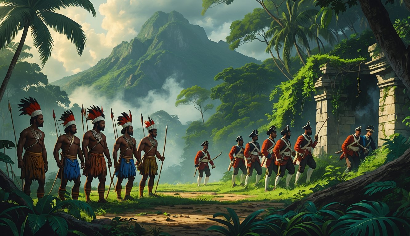 A group of indigenous warriors and colonial soldiers in a dense Caribbean jungle near ancient ruins with volcanic mountains in the background.