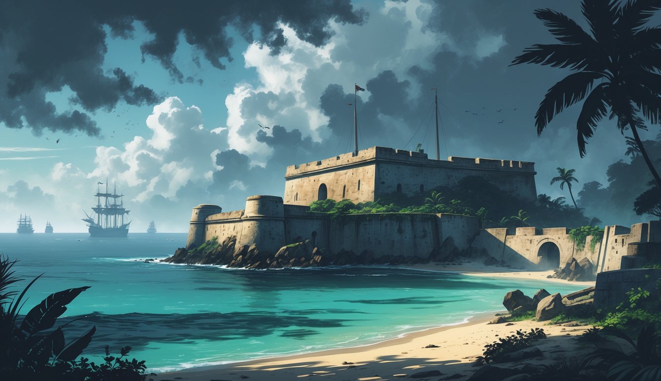 An ancient stone fort on a coastal cliff surrounded by tropical plants with the sea in the background and faint ghostly figures in the mist.