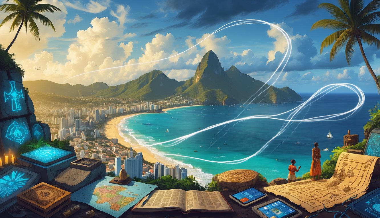 A coastal landscape of Saint Lucia with the Pitons, ancient artifacts blended with modern city life and people, with glowing wisps symbolizing mysterious influences connecting past and present.