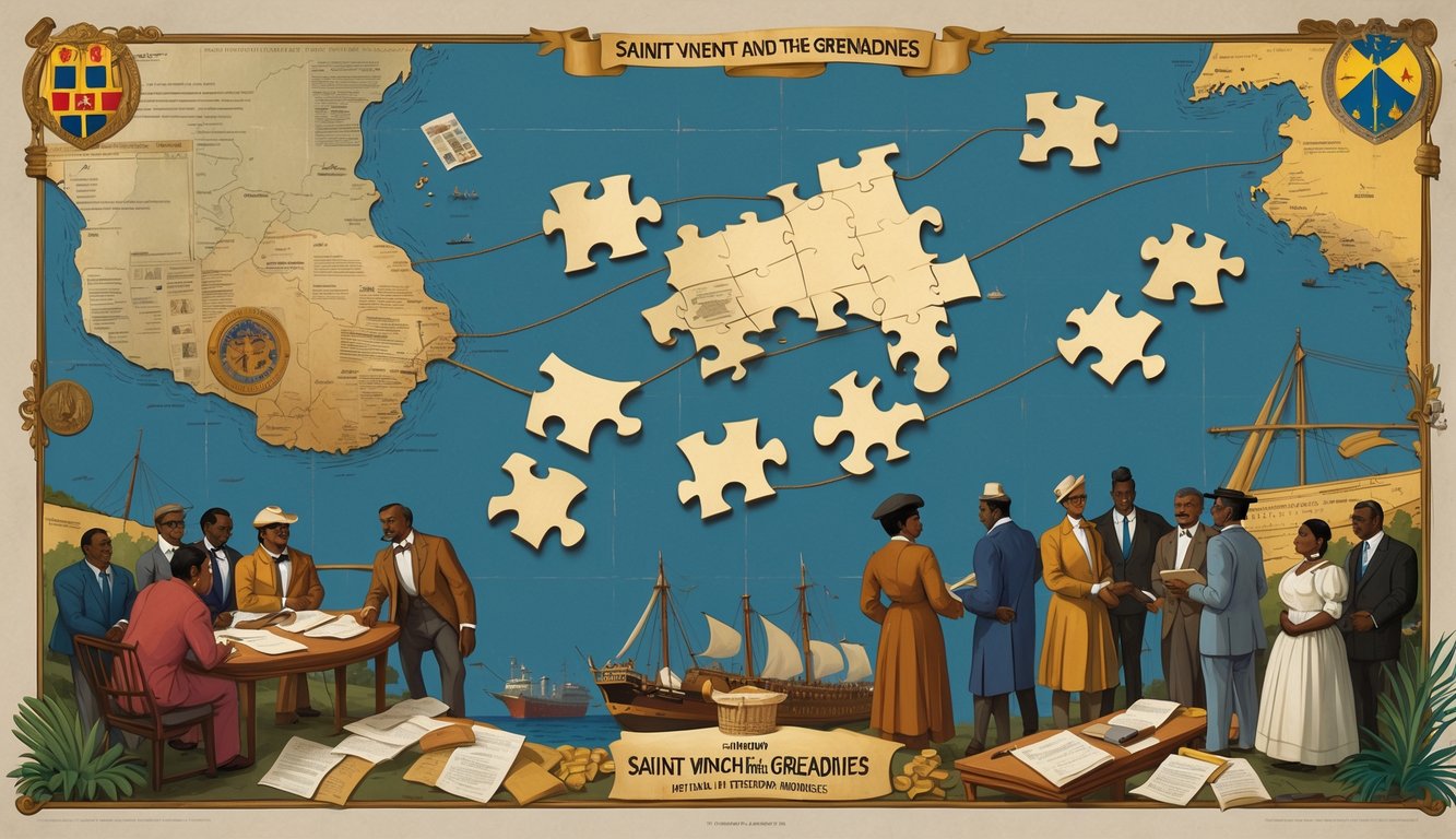 Illustration showing a map of Saint Vincent and the Grenadines with puzzle pieces above it and people around engaged in discussions, surrounded by historical symbols representing the journey to independence.