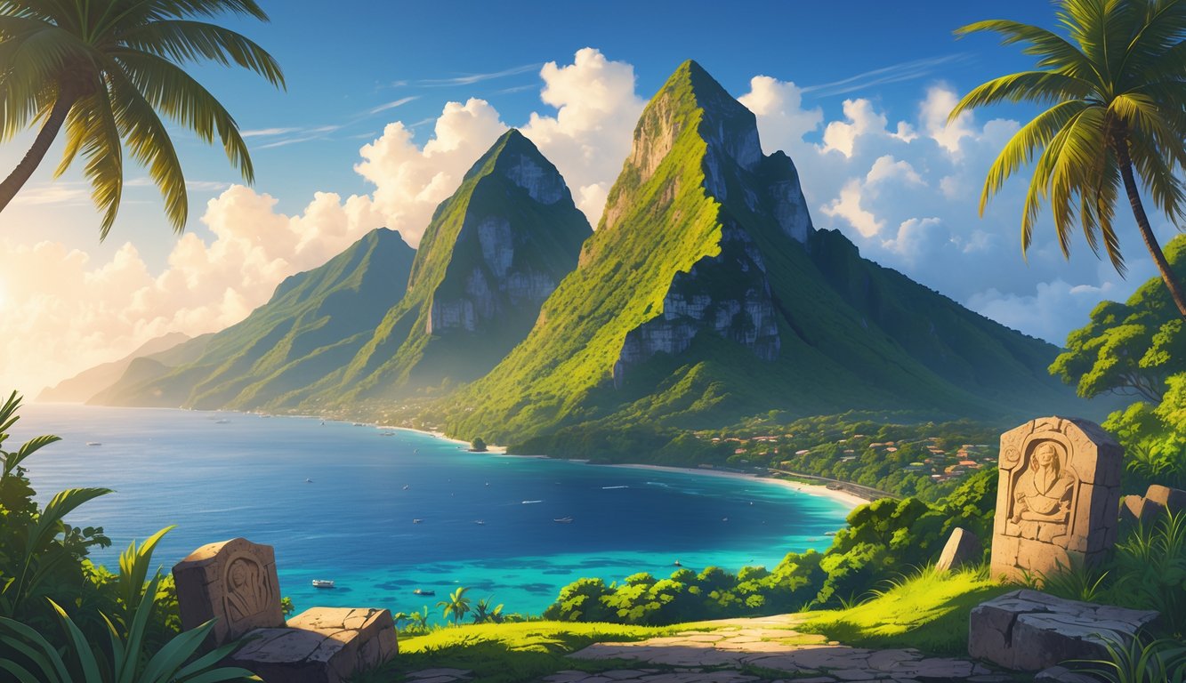 Two tall volcanic peaks rising from a lush tropical island surrounded by blue ocean, with green vegetation and ancient stone artifacts partially hidden among the plants.