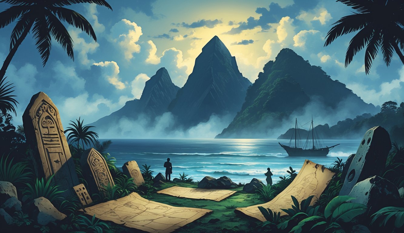 A misty landscape of Saint Lucia’s Pitons with ancient artifacts and a ghostly shipwreck near the shore, surrounded by tropical plants.