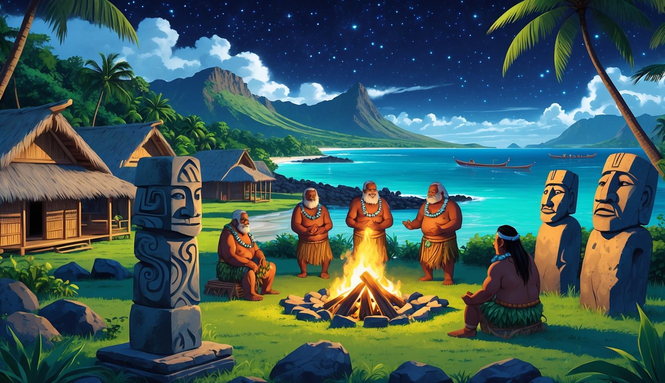 An ancient Samoan village with traditional houses, stone megaliths, elders gathered around a fire, tropical mountains, and canoes on the ocean at night.