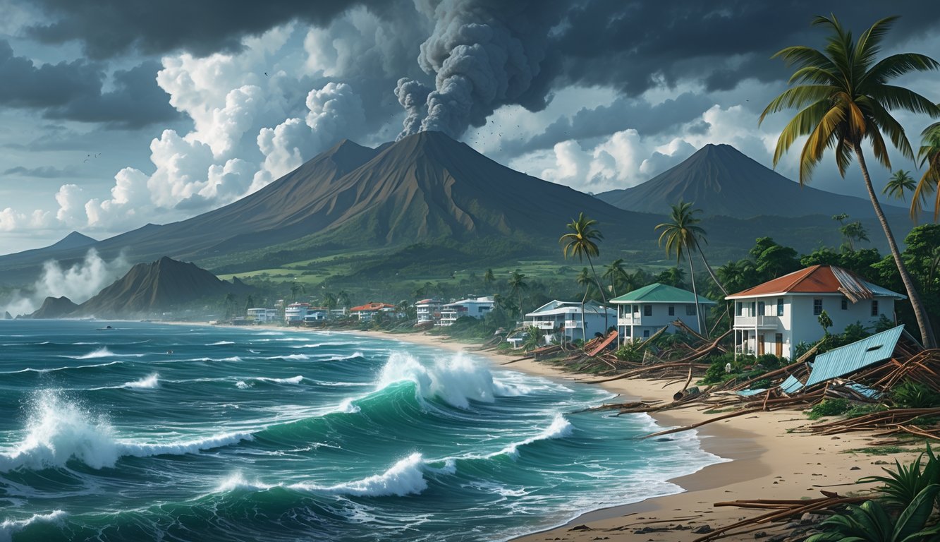 A coastal landscape of Saint Vincent and the Grenadines showing volcanic mountains with smoke, damaged buildings, uprooted trees, and turbulent ocean waves under dark storm clouds.