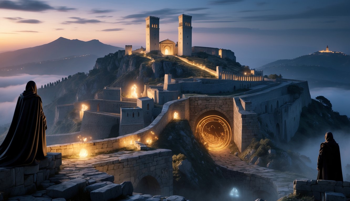 A view of San Marino's ancient city with three towers on a mountain, showing shadowy medieval figures, glowing symbols on stone walls, and a hidden underground chamber beneath the city.