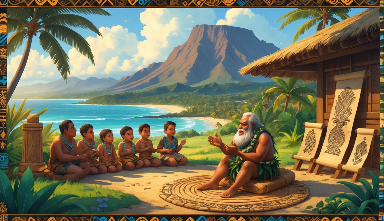 An elder storyteller shares ancient Samoan tales with a group of listeners in a tropical village setting with mountains and ocean in the background.