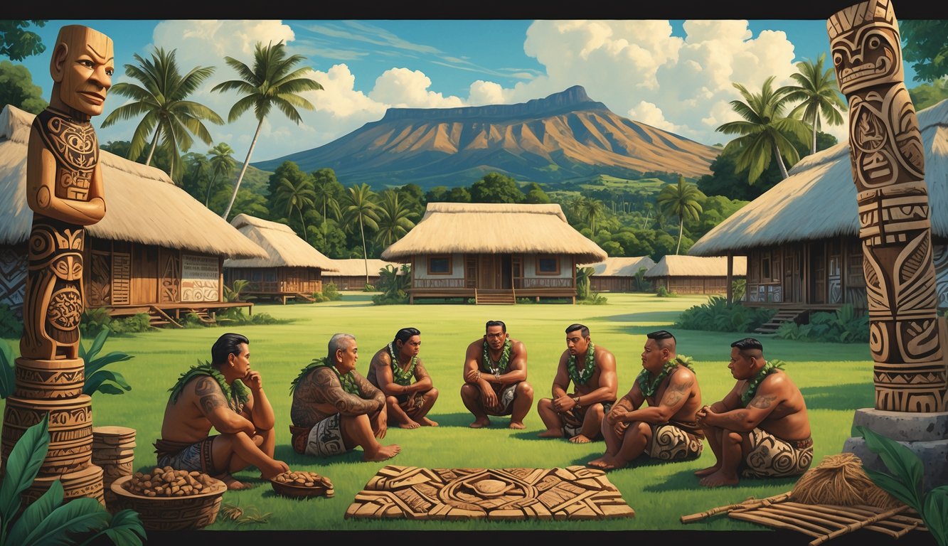 A Samoan village with traditional houses, elders and young people talking thoughtfully, surrounded by cultural artifacts and tropical landscape.