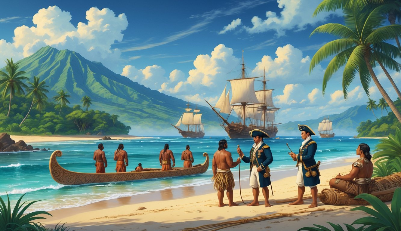 A tropical Samoan island with indigenous people in canoes meeting early European explorers on the shore, surrounded by lush vegetation and sailing ships offshore.