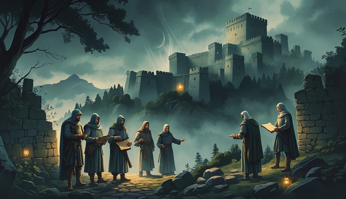 Ancient stone fortress on a mountain surrounded by mist with medieval figures examining scrolls and hidden passages, set against dark forests and mountains.