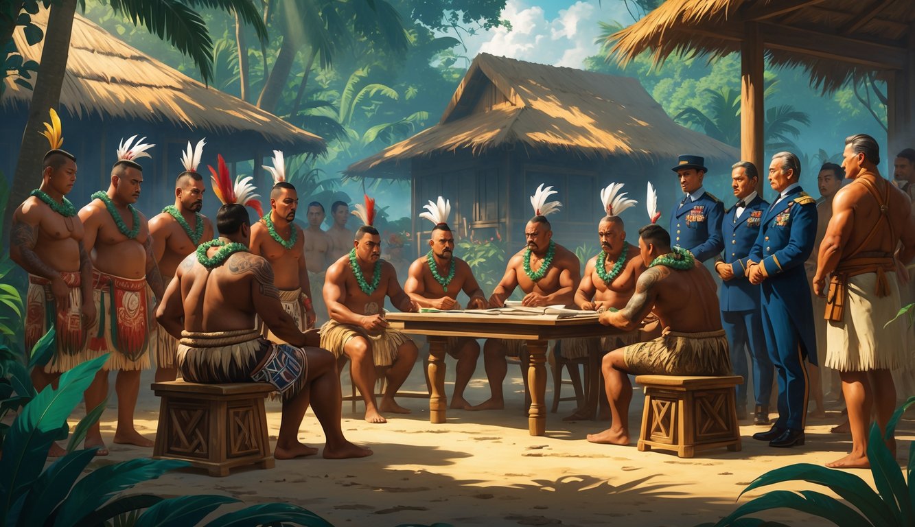A group of Samoan chiefs and European colonial officials meet in a tropical village surrounded by traditional houses and jungle, discussing power and strategy.