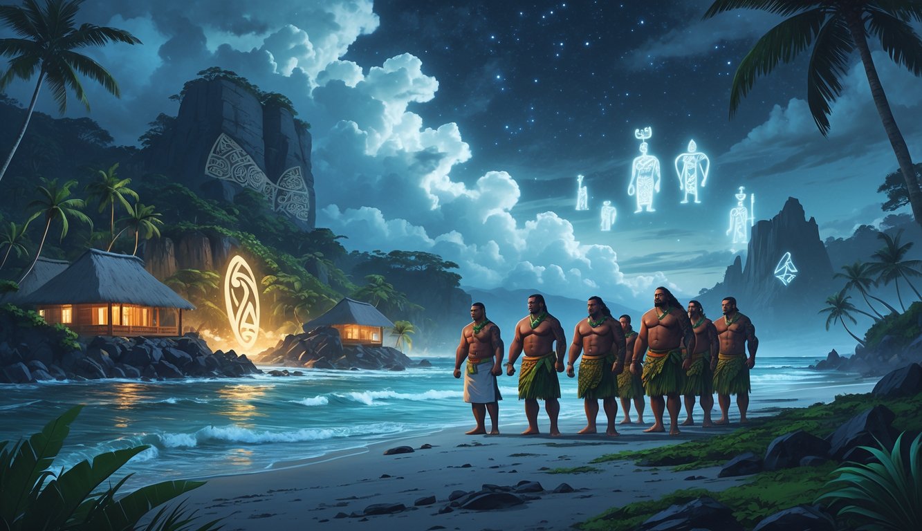 A coastal Samoan landscape with traditional houses and people united in a moment of resilience, surrounded by ancient stone structures and glowing symbols under a sky shifting from stormy to starry.