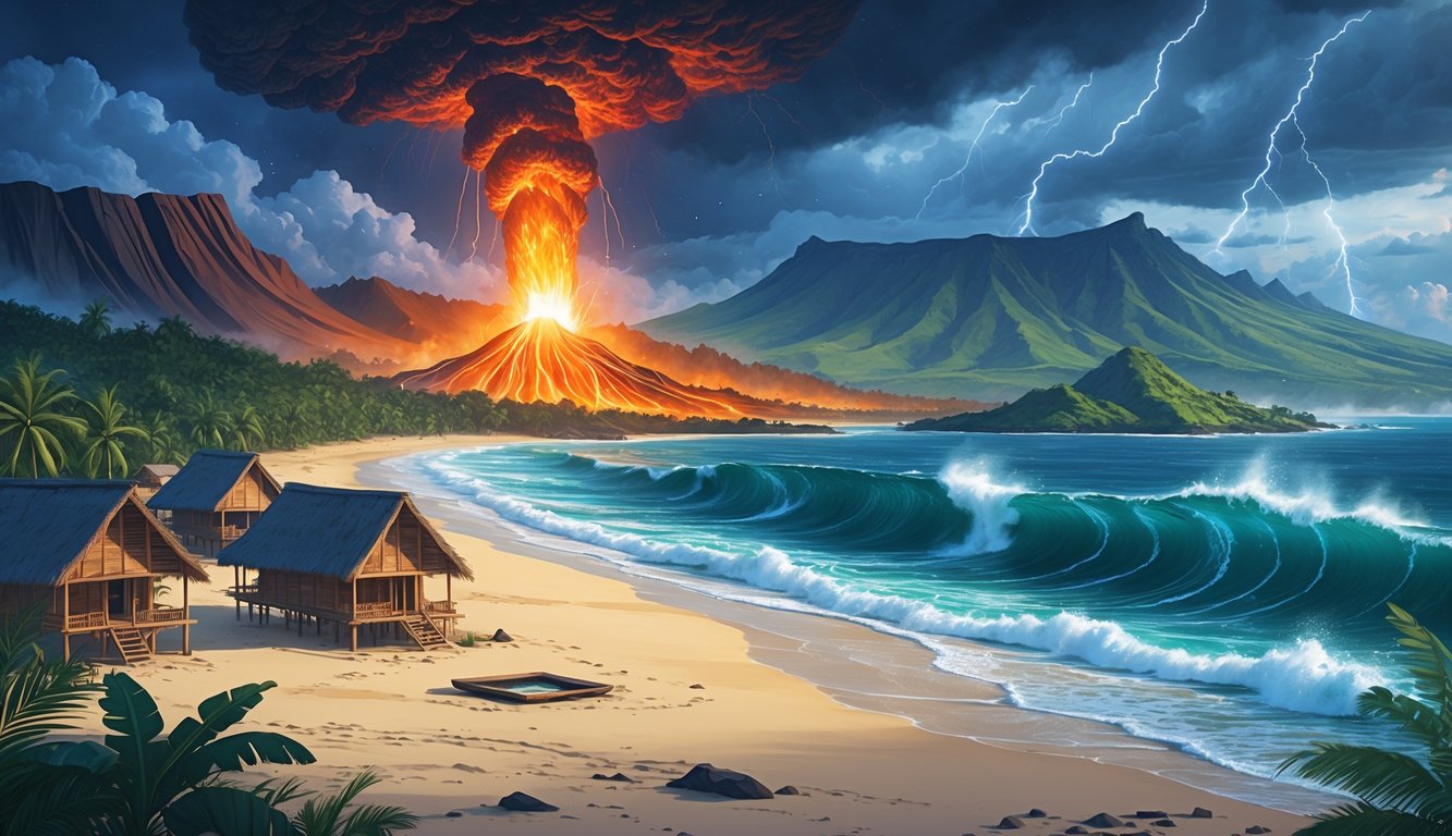 A volcanic eruption and tsunami threaten a traditional Samoan village near the shore, with ancient artifacts partially buried in the sand and tropical mountains in the background.