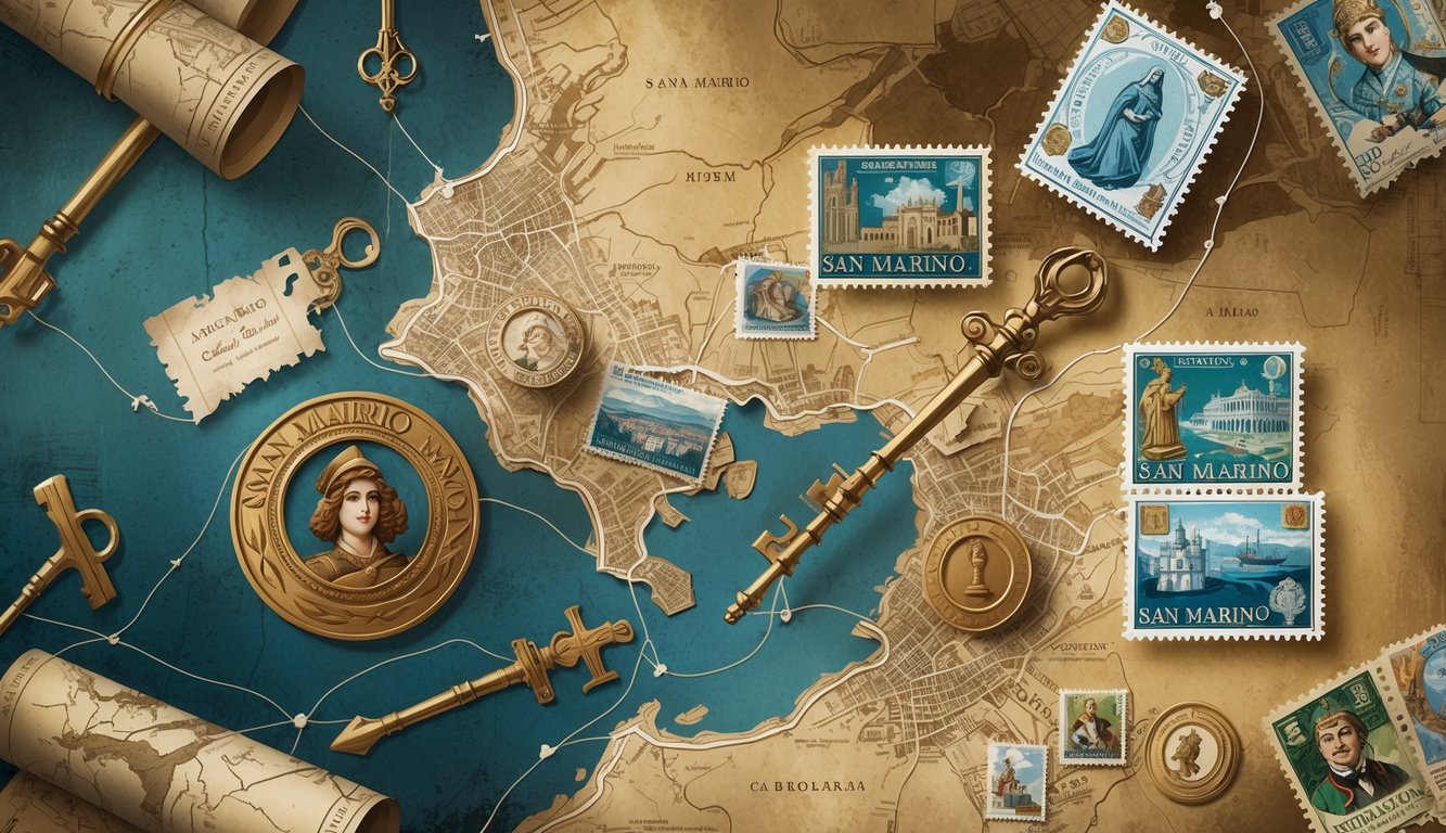 A detailed illustration showing a vintage map of San Marino surrounded by postage stamps, ancient keys, scrolls, and diplomatic seals, with historical buildings and towers in the background.