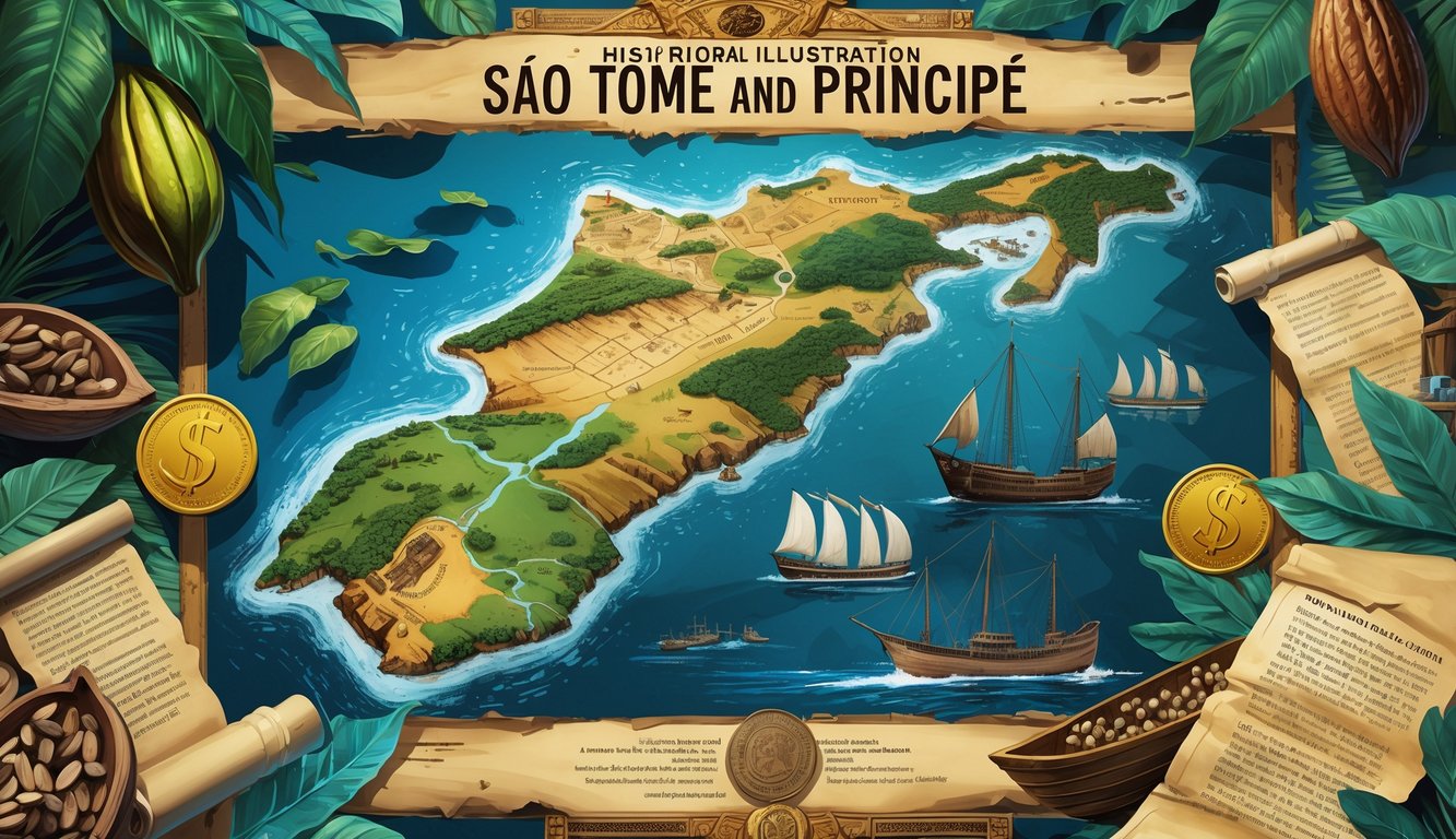Illustration showing a map of São Tomé and Príncipe surrounded by symbols of economic history like coins, cocoa pods, fishing boats, old documents, and vintage ships, evoking mystery and historical discovery.