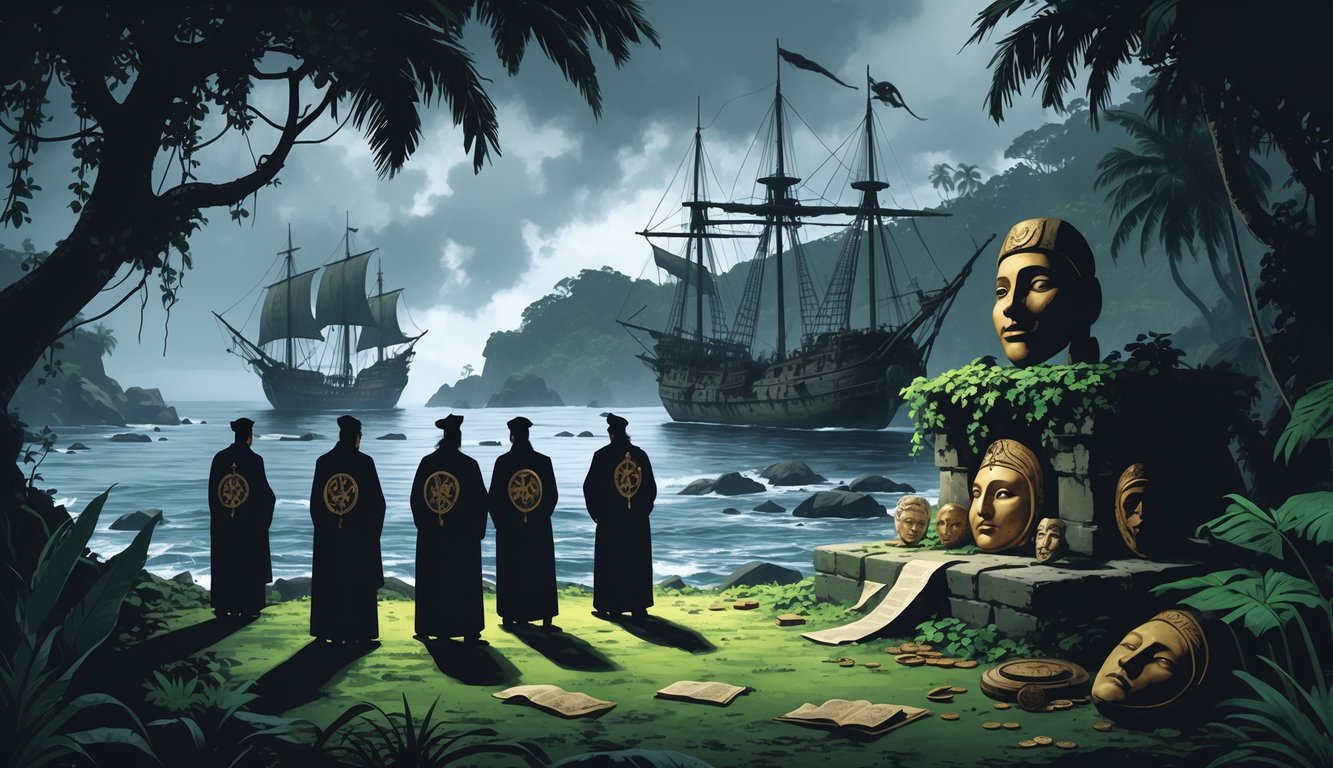 A tropical island scene showing secret society members around a hidden altar and a pirate ship anchored offshore near a colonial fort.