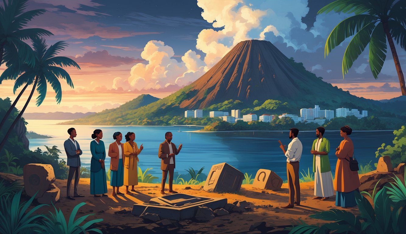 A tropical island landscape with people discussing near ancient artifacts and a mix of old and modern buildings in the background.