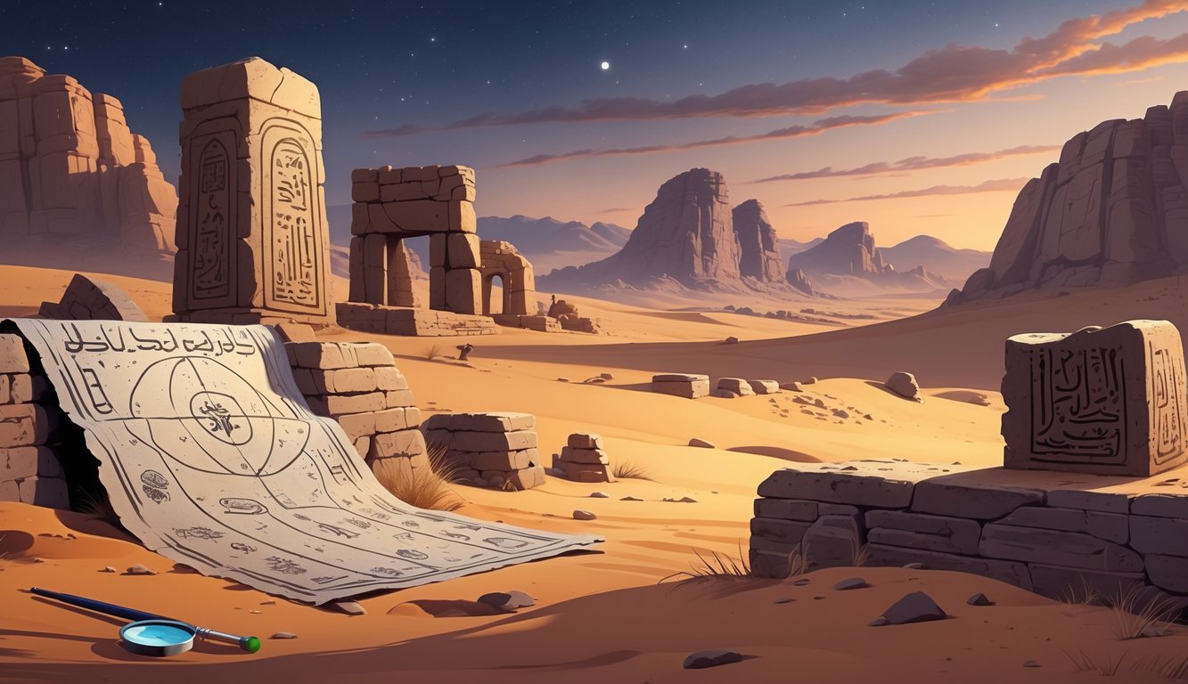 A desert scene with ancient stone ruins, mysterious carvings, an old map, and rock formations in the distance under a twilight sky.