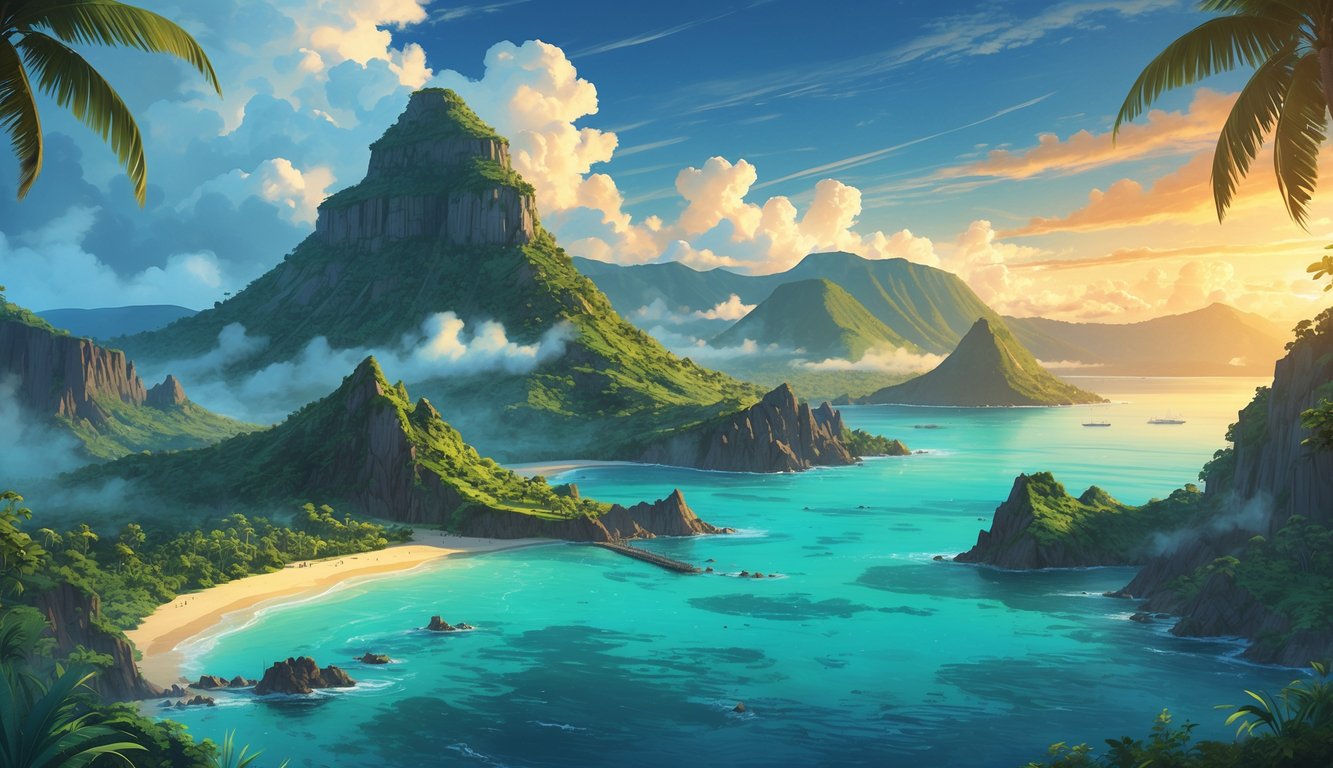 A tropical island landscape with volcanic mountains, dense rainforests, rugged coastline, and ancient ruins partially hidden among the trees.