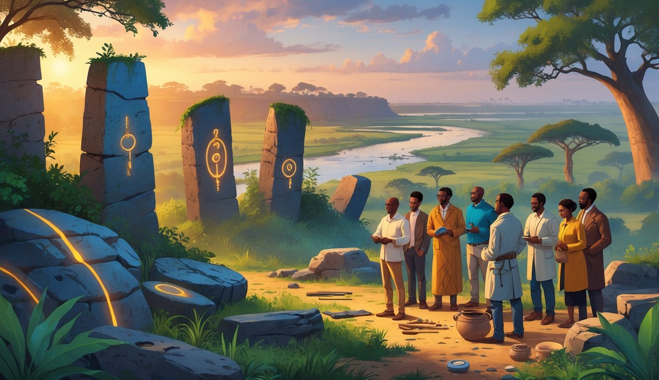 A group of historians examining ancient stone ruins and artifacts near the Senegal River surrounded by baobab trees and traditional villages.