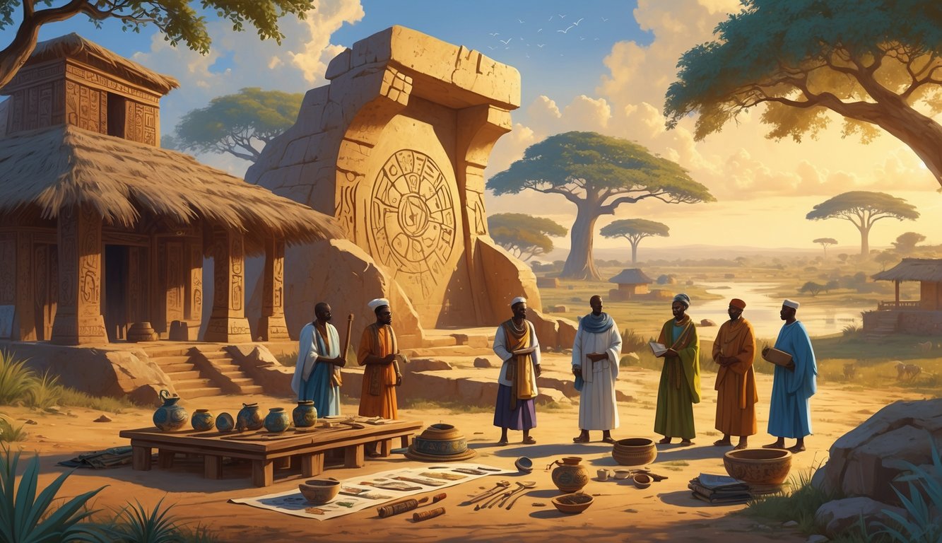 A group of people studying ancient artifacts near a stone monument surrounded by traditional buildings and a natural landscape representing the Jolof Empire in Senegal.