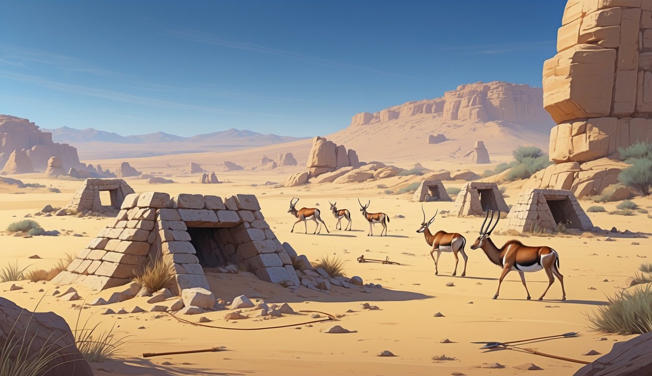 Desert landscape with ancient stone and pitfall animal traps, wild Arabian oryx and gazelles nearby, rocky outcrops and distant mountains under a clear sky.