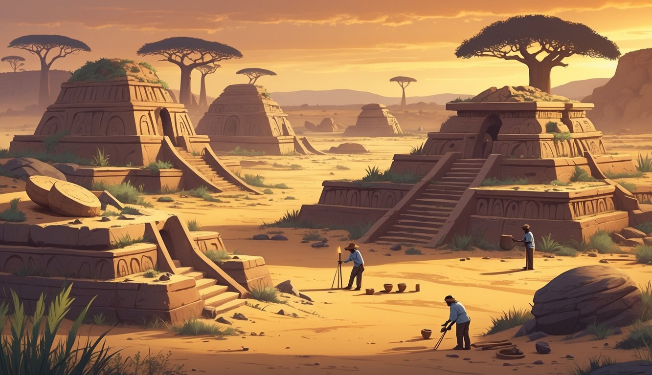 A landscape showing ancient burial mounds and stone tombs in Senegal with archaeologists examining the site near baobab trees at sunset.