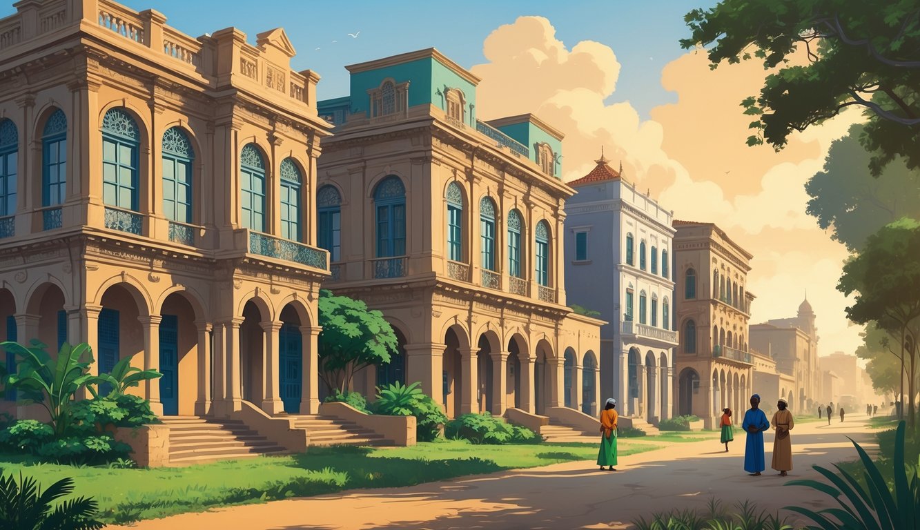 A cityscape showing colonial-era buildings with detailed facades and traditional Senegalese elements, with people nearby and greenery around.