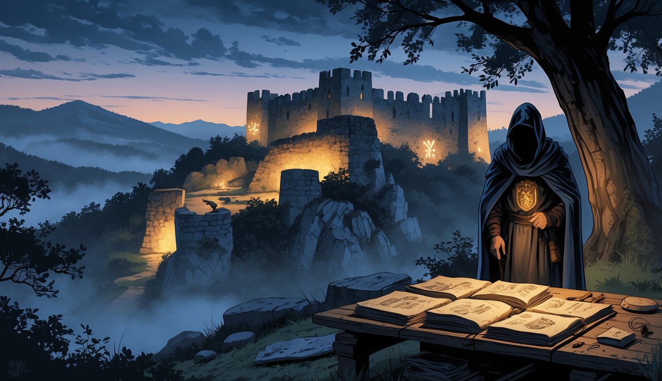 An ancient fortress on a hill at twilight with glowing symbols, an archaeologist studying old manuscripts and artifacts, a figure in medieval Serbian clothing hidden behind a tree, and misty mountains in the background.