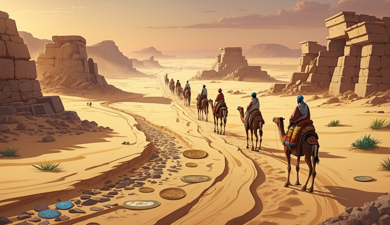 A desert landscape with winding trade routes, caravans of camels and traders carrying goods, ancient ruins, and artifacts scattered along the paths under a warm sunset sky.
