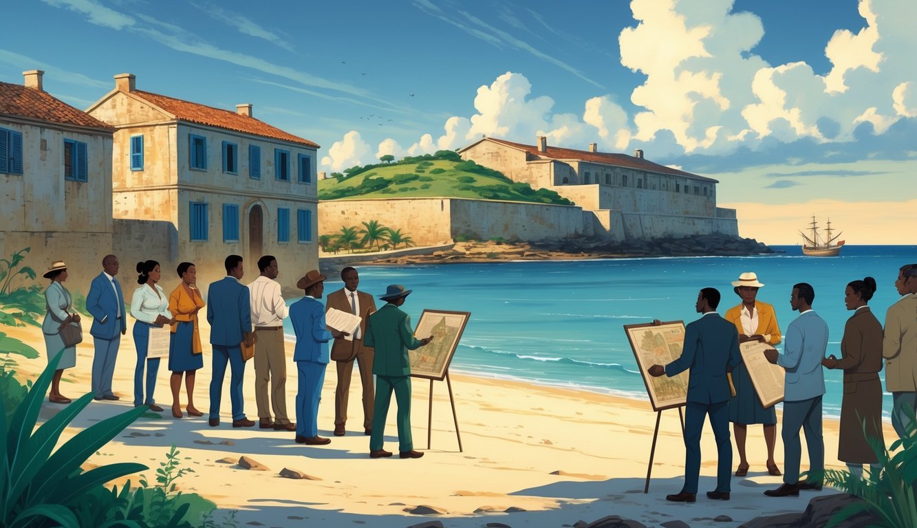 An island with historic buildings by the ocean where people are gathered discussing and examining old maps and documents.