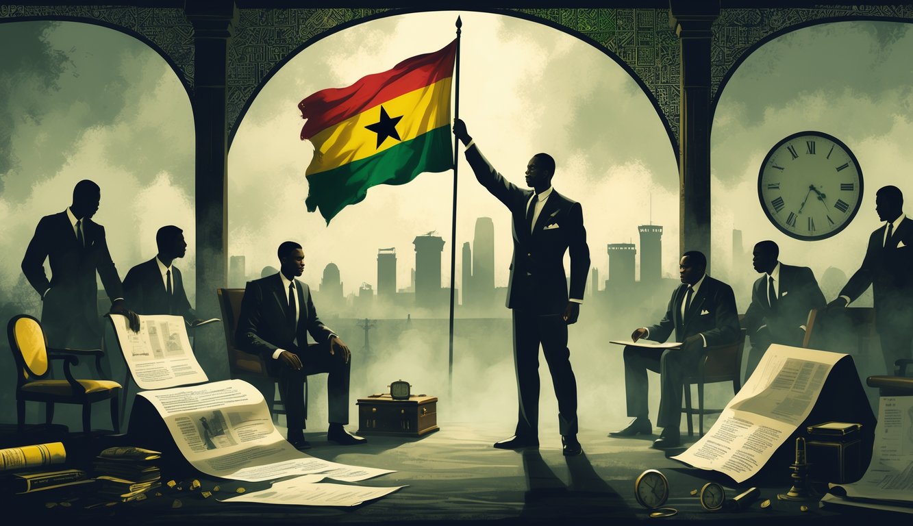 A scene showing a person raising the Senegalese flag with shadowy figures and historical objects in the background, symbolizing political mysteries during Senegal's independence.