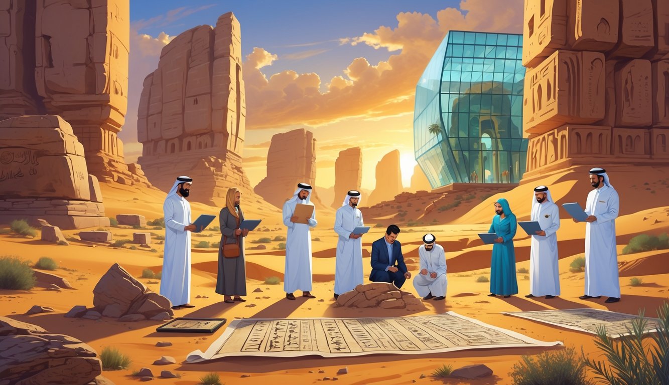 A group of people studying ancient Saudi Arabian landmarks and artifacts in a desert setting with a modern museum in the background at sunset.