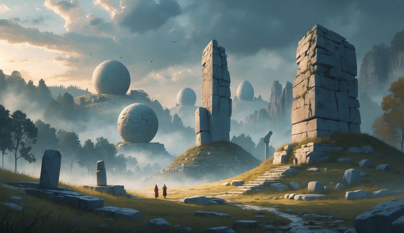 A misty landscape in Serbia showing ancient mysterious stone monuments surrounded by forest and hills at dawn.