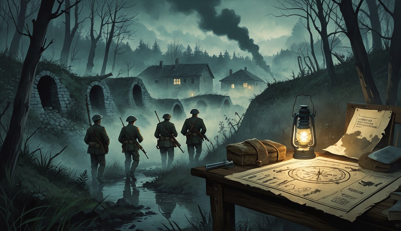 Soldiers exploring a foggy forest with abandoned bunkers and a war-torn village in the background, evoking mysterious events from World War II in Serbia.